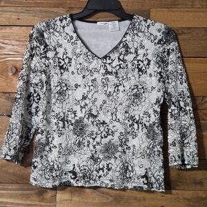 Smocked Lace Career Blouse Black White Floral V Neck 3/4 Sleeve Lined Career